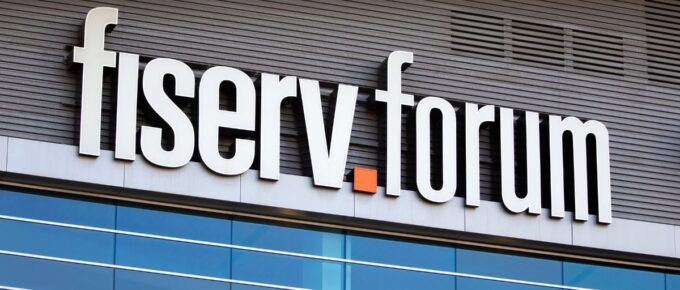 The facade sign of the Fiserv Forum in Milwaukee, Wisconsin, USA.