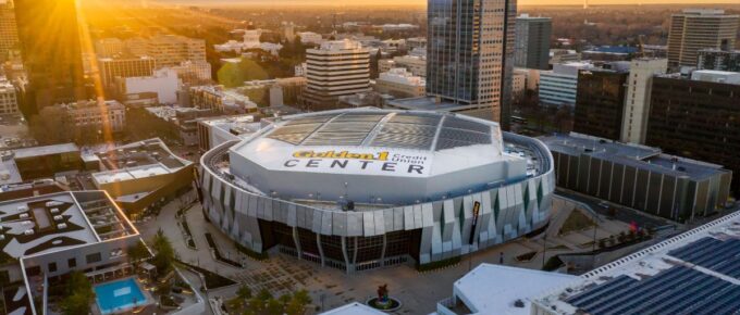 Golden 1 Center, Downtown Sacramento, California Sunrise, Aerial Drone View.