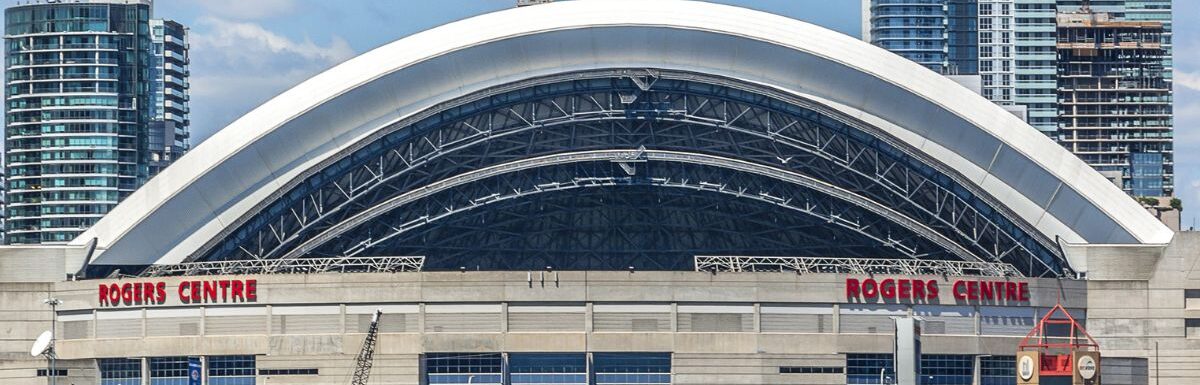 View of Rogers Centre situated next to CN Tower in downtown Toronto, Ontario, Canada.