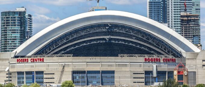 View of Rogers Centre situated next to CN Tower in downtown Toronto, Ontario, Canada.