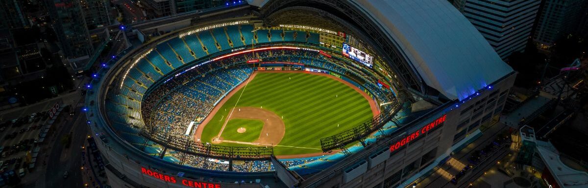 Rogers Centre drone view during the night in Toronto, Ontario, Canada.