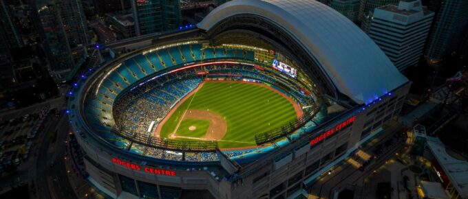 Rogers Centre drone view during the night in Toronto, Ontario, Canada.