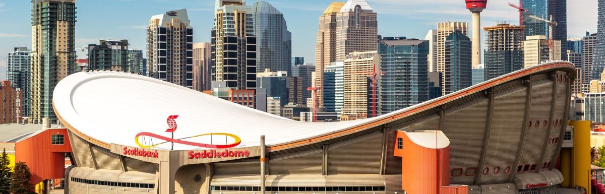 Panoramic view of Scotiabank Saddledome on a sunny day, in Canada.