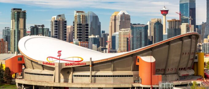 Panoramic view of Scotiabank Saddledome on a sunny day, in Canada.