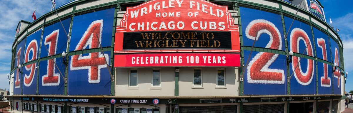 Exterior of Wrigley Field at the corner of Clark and Addison Streets in Chicago, Illinois, USA.