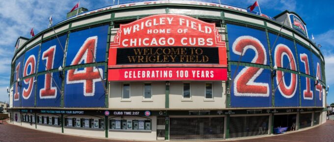 Exterior of Wrigley Field at the corner of Clark and Addison Streets in Chicago, Illinois, USA.
