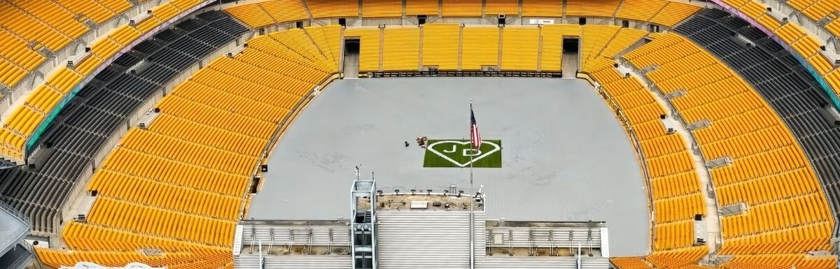 Acrisure Stadium in Pittsburgh, Pennsylvania from above.