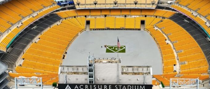 Acrisure Stadium in Pittsburgh, Pennsylvania from above.