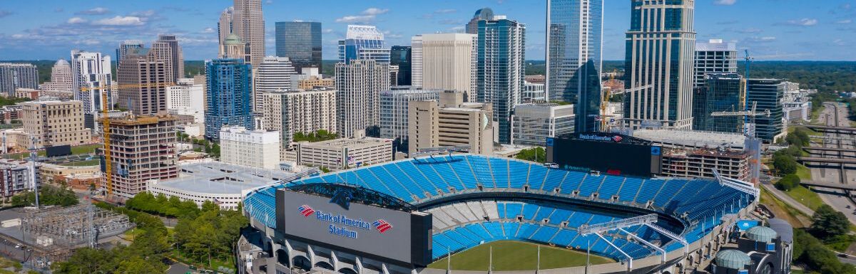 Aerial view of Bank of America Stadium, the home to the NFL’s Carolina Panthers in Charlotte, North Carolina, USA.