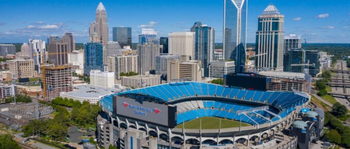 Aerial view of Bank of America Stadium, the home to the NFL’s Carolina Panthers in Charlotte, North Carolina, USA.