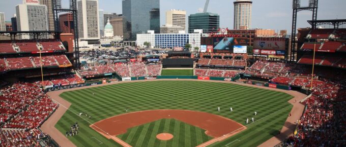 Busch Stadium with people inside during the day in St. Louis, Missouri, USA.