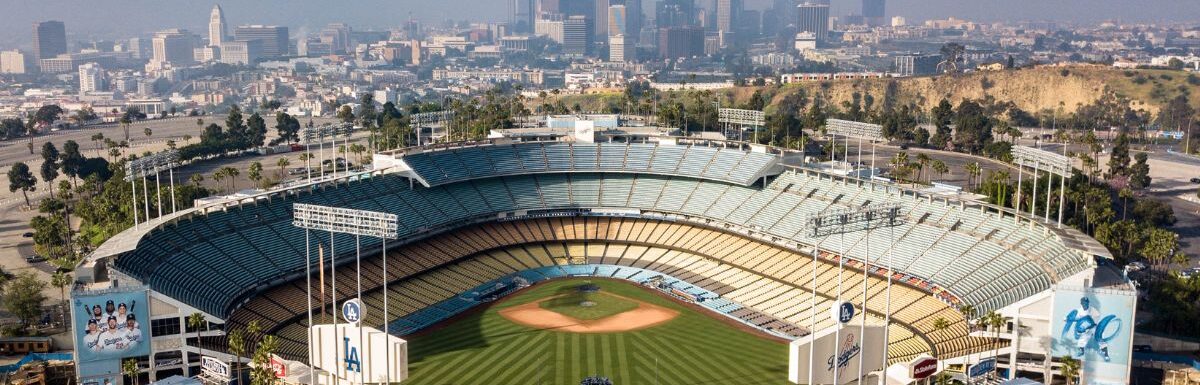 The famous Dodger Stadium with downtown LA in the background.