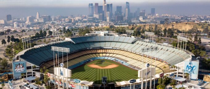 The famous Dodger Stadium with downtown LA in the background.