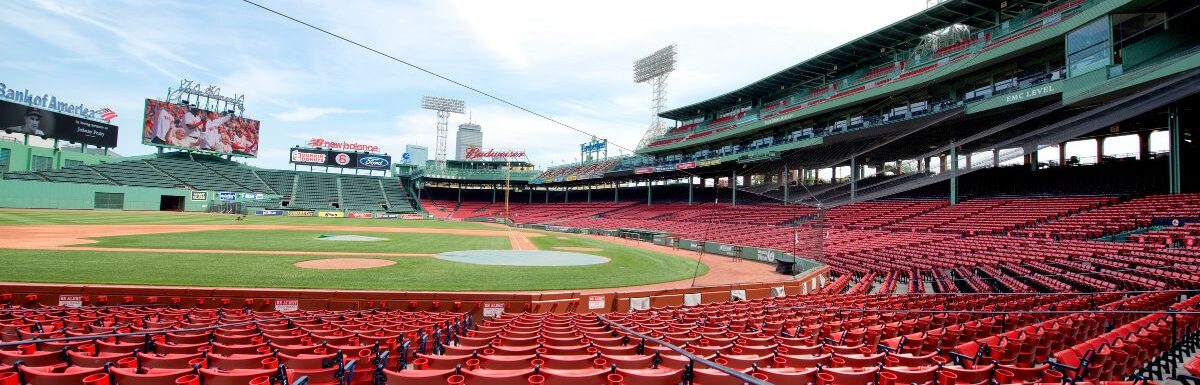 View of an empty Fenway Park in Boston, Massachusetts, USA.