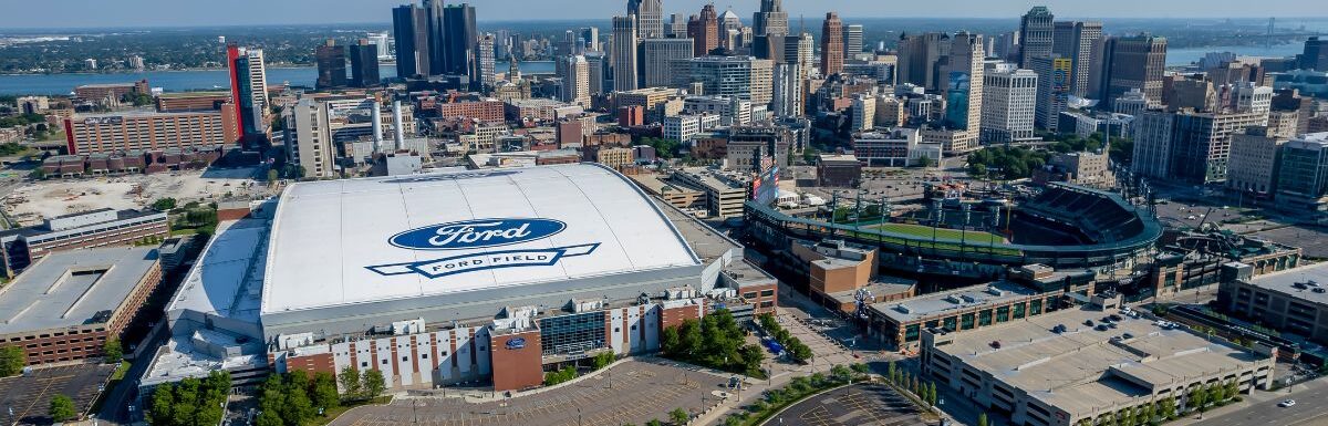 Aerial view of Ford Field in Detroit, Michigan, USA.