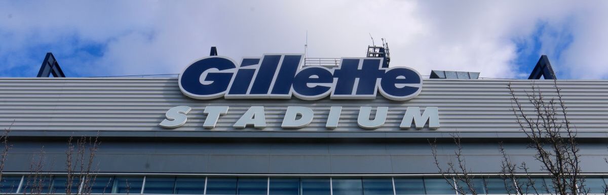 Sign on the exterior of Gillette Stadium, home of the New England Patriots and New England Revolution.