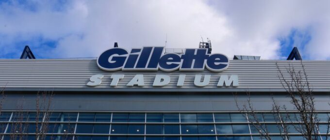 Sign on the exterior of Gillette Stadium, home of the New England Patriots and New England Revolution.