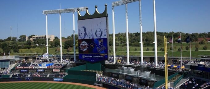 Kauffman Stadium in Kansas City Missouri during the day.