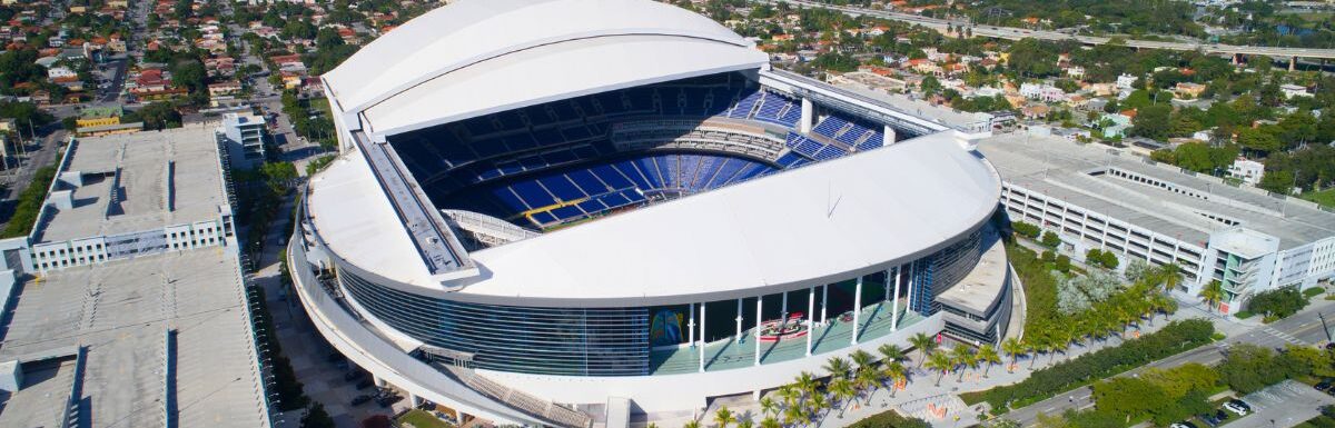 Aerial image of the LoanDepot Park formerly known as Marlins Stadium in Miami Florida, USA.