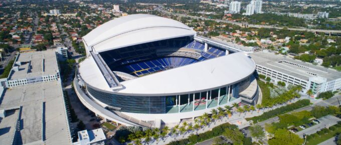 Aerial image of the LoanDepot Park formerly known as Marlins Stadium in Miami Florida, USA.