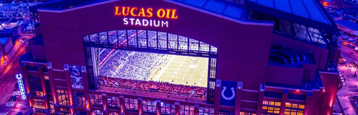 Aerial view of the Lucas Oil Stadium during the night.