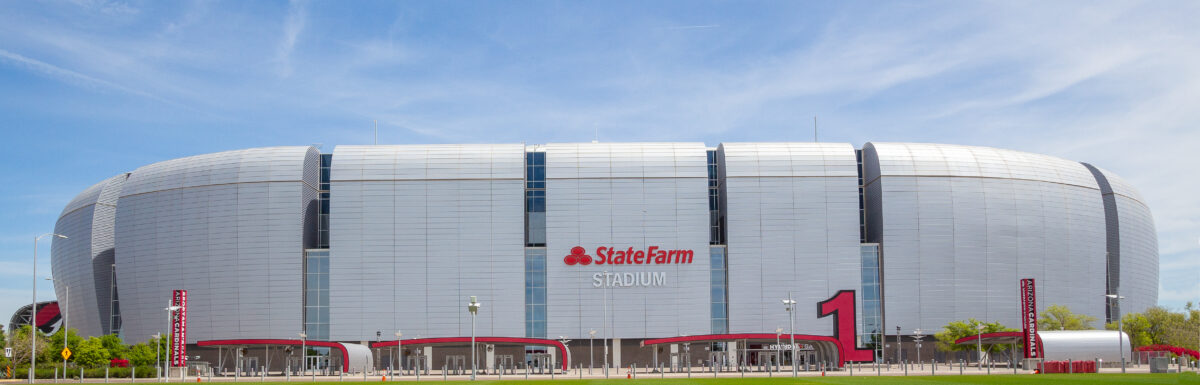 Front view of the State Farm Stadium during the day in Glendale, Arizona, USA.