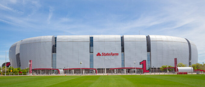 Front view of the State Farm Stadium during the day in Glendale, Arizona, USA.