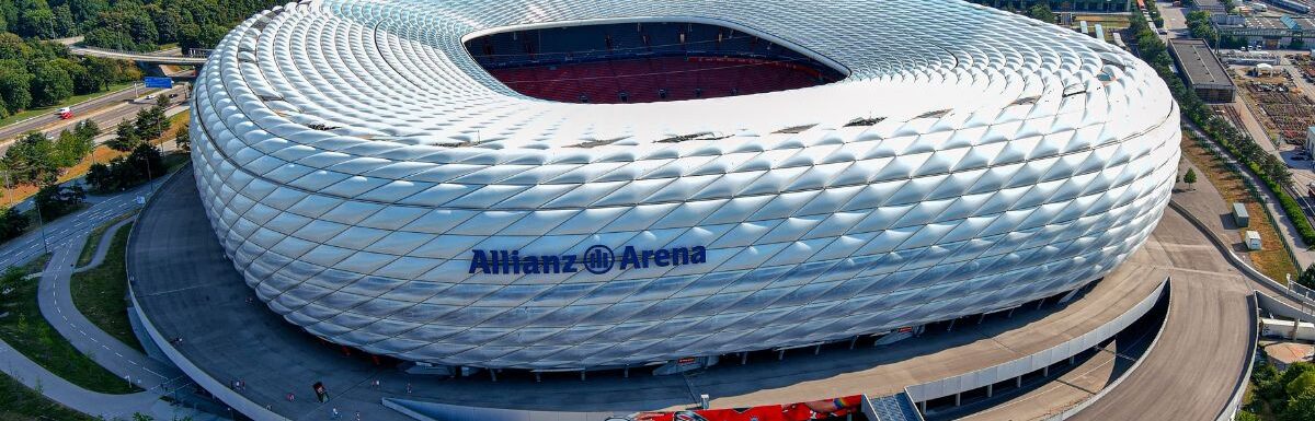 The Allianz Arena football stadium exterior aerial view.