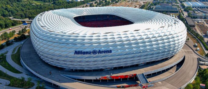 The Allianz Arena football stadium exterior aerial view.