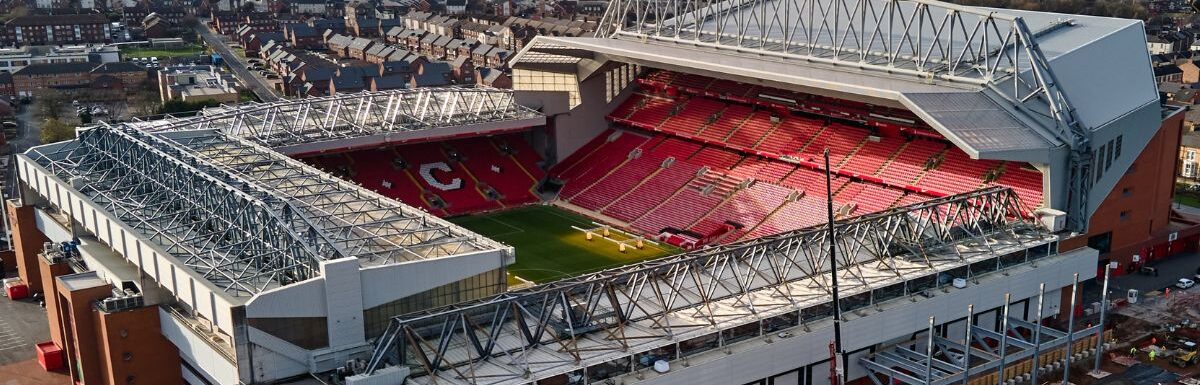 A general aerial view of the Anfield Stadium in Liverpool, Merseyside, United Kingdom.