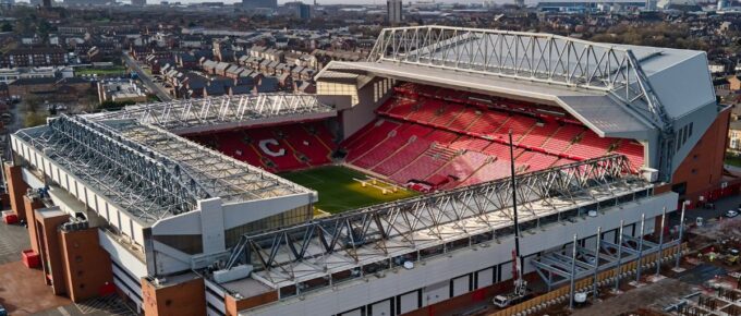 A general aerial view of the Anfield Stadium in Liverpool, Merseyside, United Kingdom.