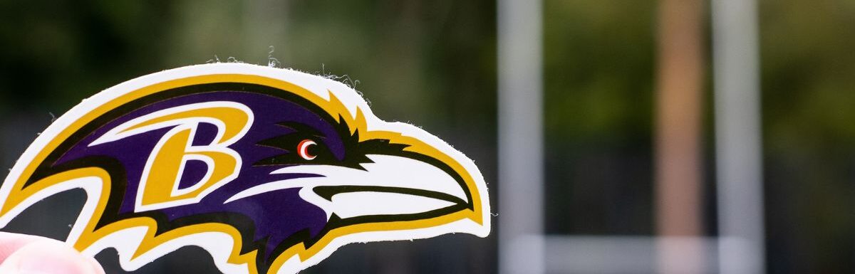 Emblem of a professional American football team Baltimore Ravens in the New York metropolitan area at the sports stadium.
