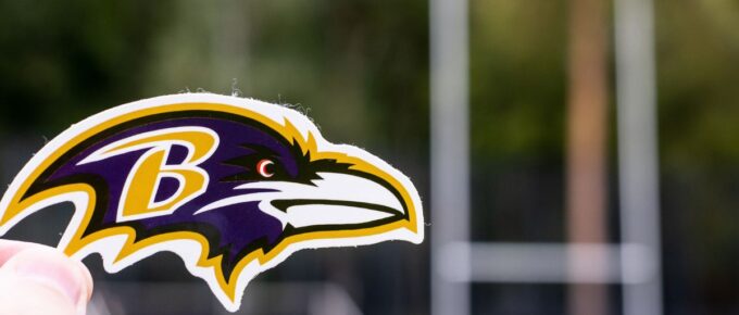 Emblem of a professional American football team Baltimore Ravens in the New York metropolitan area at the sports stadium.