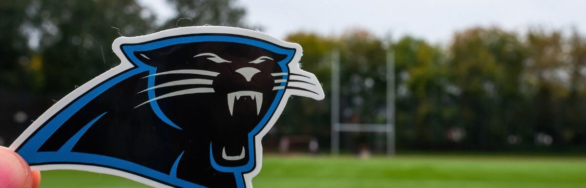 Emblem of a professional American football team Carolina Panthers based in Charlotte at the sports stadium.