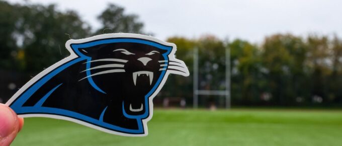 Emblem of a professional American football team Carolina Panthers based in Charlotte at the sports stadium.