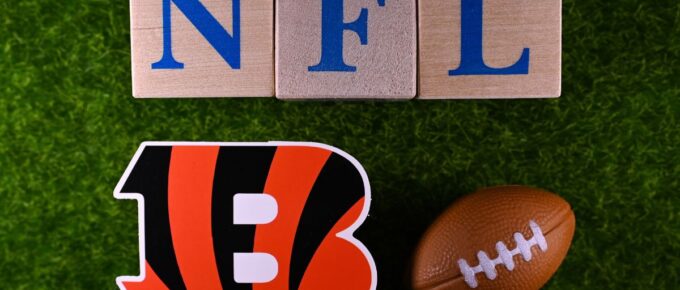 The emblem of the Cincinnati Bengals football club on the green lawn of the stadium.