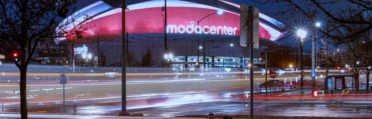 Long exposure of the Moda Center in Portland Oregon, USA, after sunset.