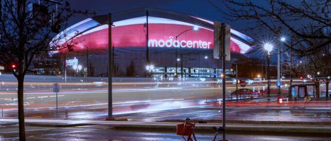 Long exposure of the Moda Center in Portland Oregon, USA, after sunset.