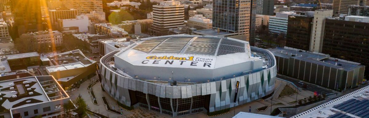 Golden 1 Center, Downtown Sacramento, California, on a sunrise, aerial drone view.