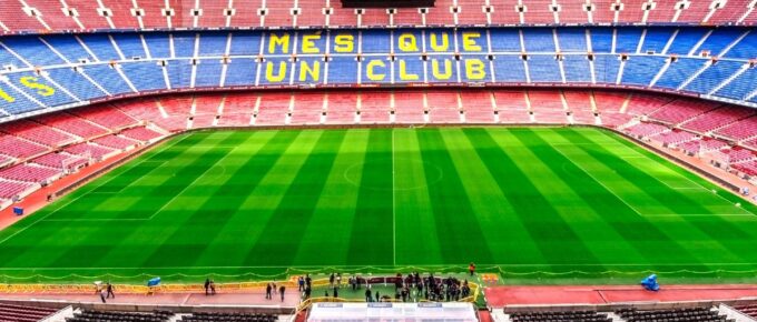 View on the field and the tribunes at Camp Nou arena.
