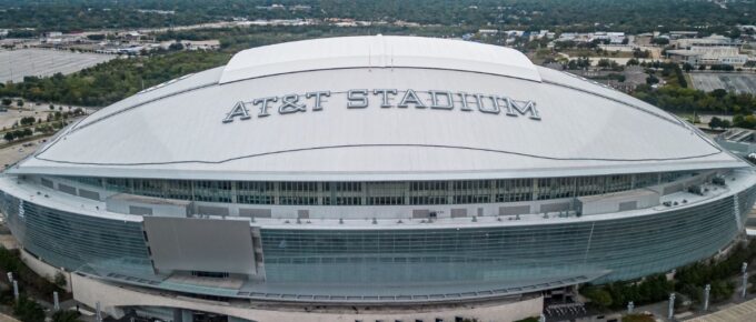 Aerial view of the AT&T Stadium, home of the Dallas Cowboys in Dallas, Texas, USA.