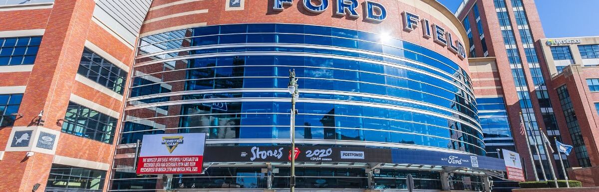 Front view of Ford Field, home of the Detroit Lions in Detroit, Michigan, USA.