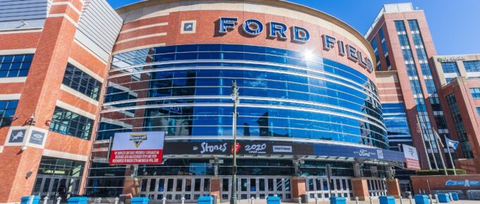 Front view of Ford Field, home of the Detroit Lions in Detroit, Michigan, USA.