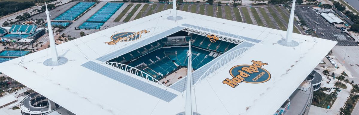 Aerial view, drone photography of Hard Rock Stadium located in Miami Gardens, Florida, USA.