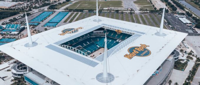 Aerial view, drone photography of Hard Rock Stadium located in Miami Gardens, Florida, USA.