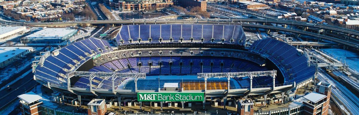 Aerial view of the M&T Bank Stadium, home of the Baltimore Ravens in Baltimore, Maryland.