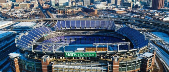 Aerial view of the M&T Bank Stadium, home of the Baltimore Ravens in Baltimore, Maryland.