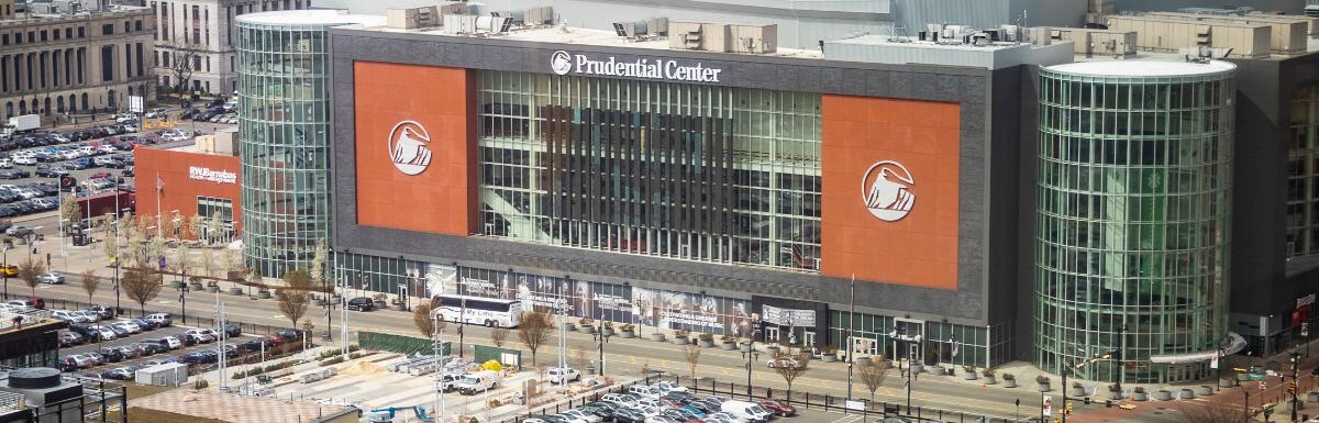 Aerial view of Prudential Center arena in downtown Newark, New Jersey.