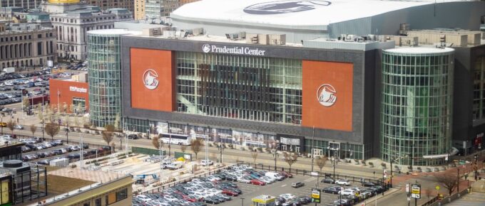 Aerial view of Prudential Center arena in downtown Newark, New Jersey.