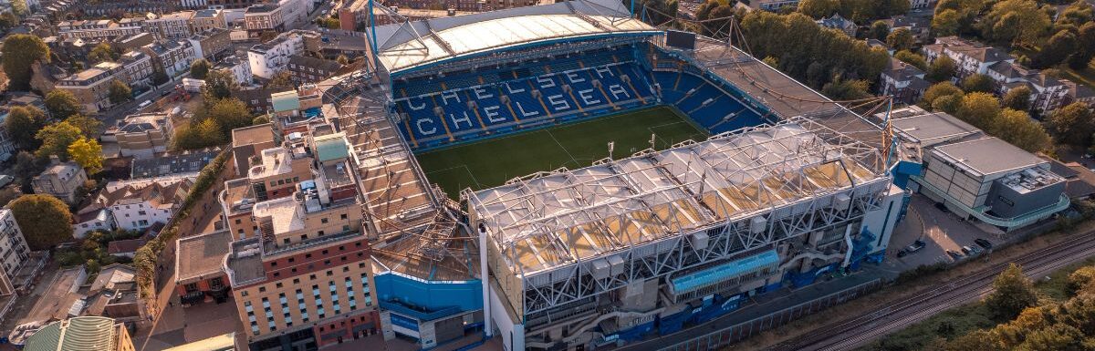 Chelsea Football Club Stadium Stamford Bridge at Sunset in London, United Kingdom.